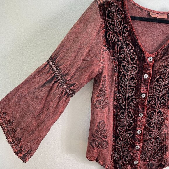Agan Traders Womens Medium Velvet Trim Top Tie Back Long Sleeve Shirt - Picture 10 of 12